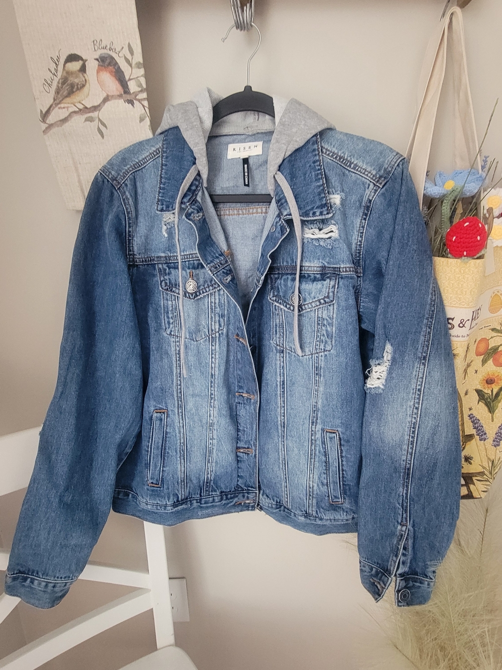 Risen Blue Distressed Denim Jacket with Gray Removable Hood Size S